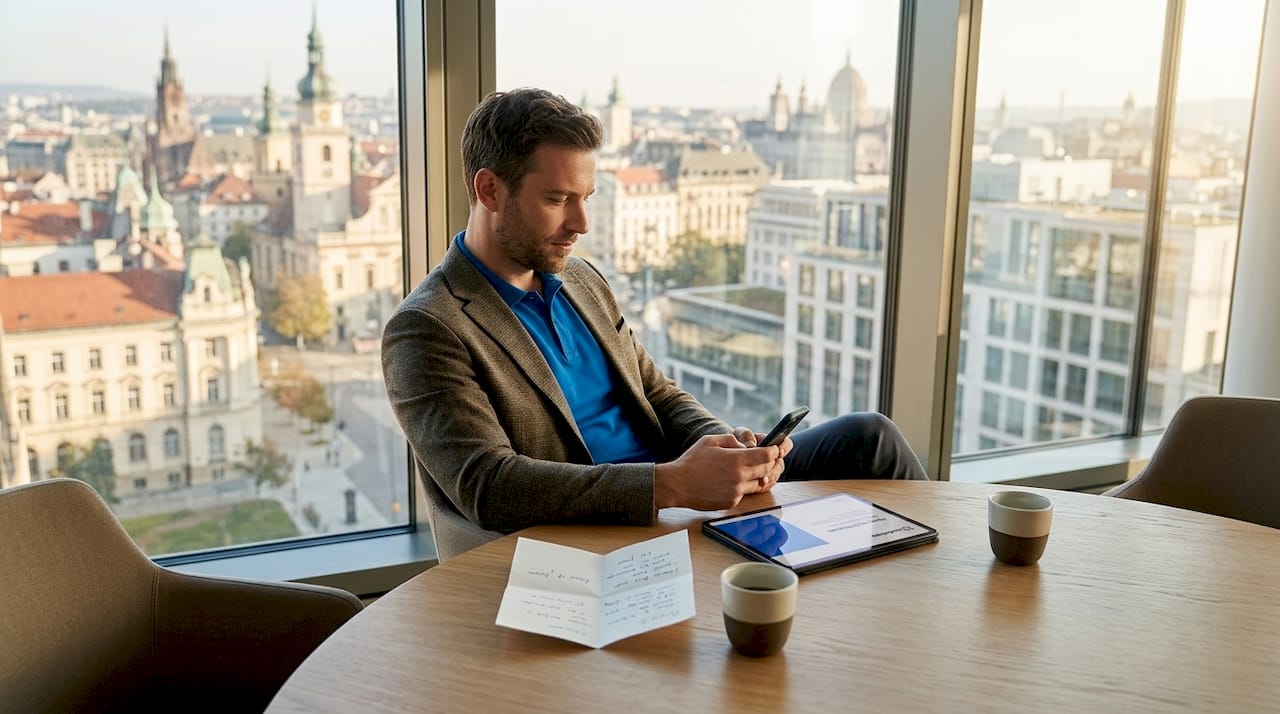 Ein Mann sitzt am Konferenztisch und tippt auf seinem Smartphone.