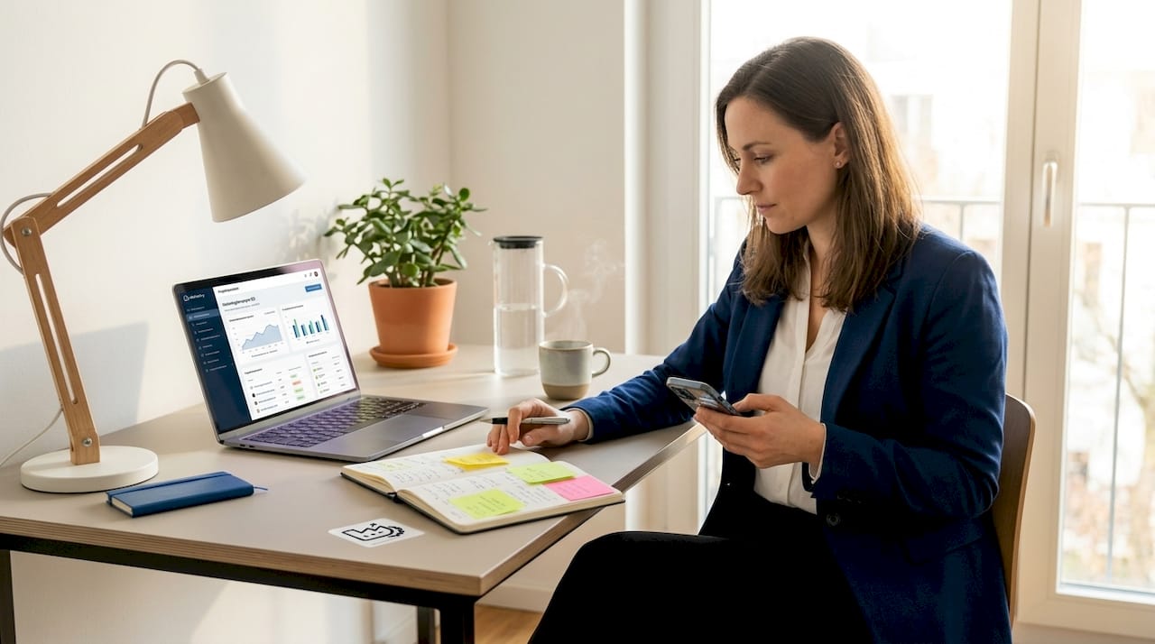 Eine Marketingmanagerin sitzt an ihrem Schreibtisch und arbeitet gleichzeitig mit Laptop, Tablet und Smartphone.