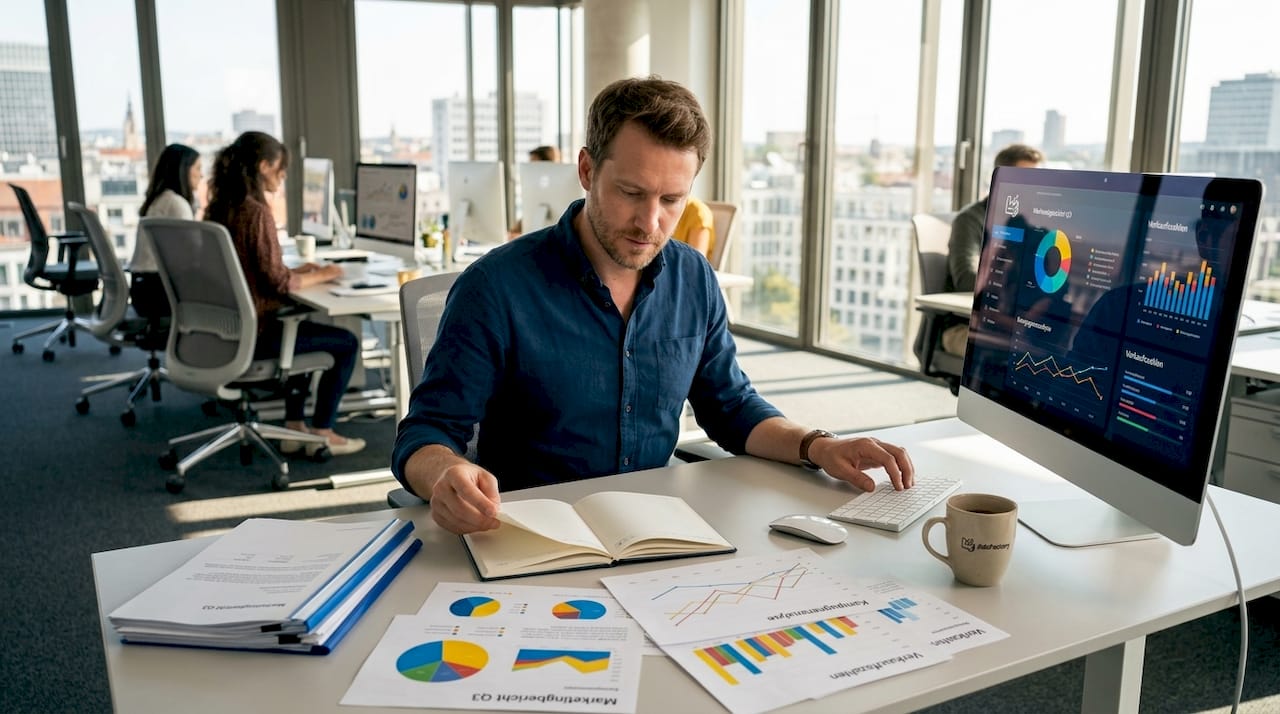 Der Marketingmanager analysiert aktuelle Datenberichte, um gezielte Entscheidungen zu treffen und Kampagnen zu optimieren.