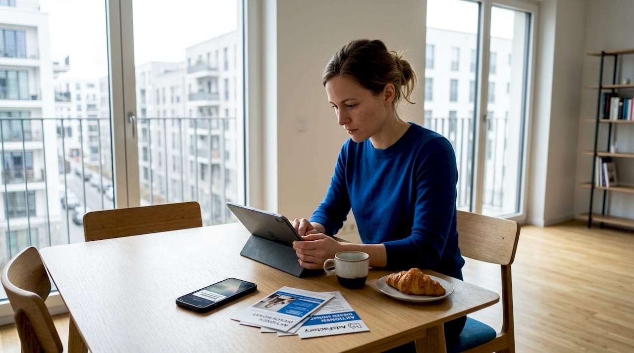 Eine Frau sitzt in ihrer Küche und erledigt bequem ihre Einkäufe am Tablet.