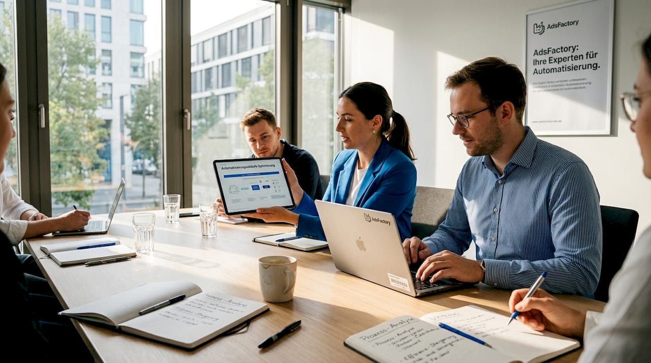 Ein Team arbeitet gemeinsam im Büro daran, einen automatisierten Arbeitsablauf zu entwickeln.
