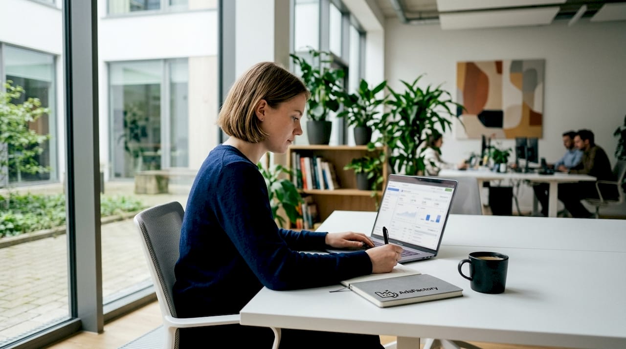 Eine Marketingexpertin arbeitet konzentriert am Laptop in ihrem Büro.