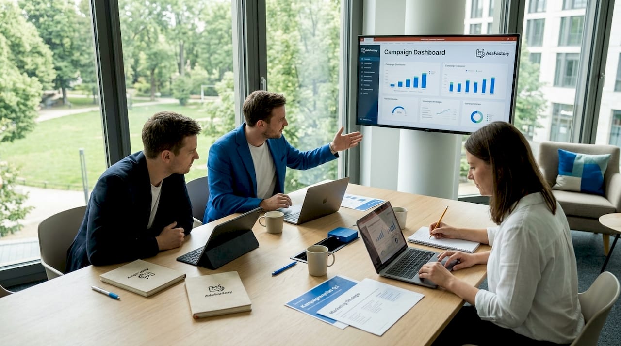Das Marketingteam tauscht sich in einem modernen Großraumbüro bei einer Besprechung aus.