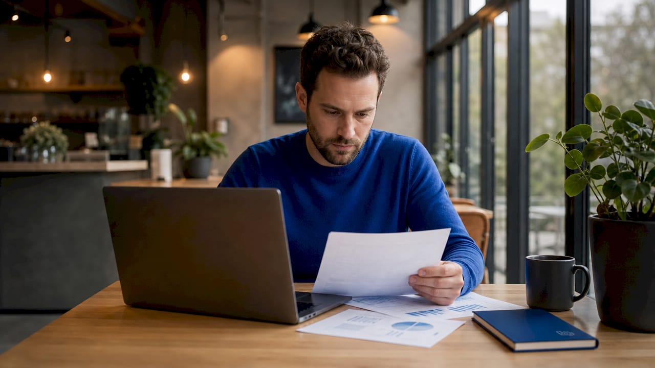 Ein Marketinganalyst sitzt konzentriert am Schreibtisch und arbeitet an neuen Strategien.