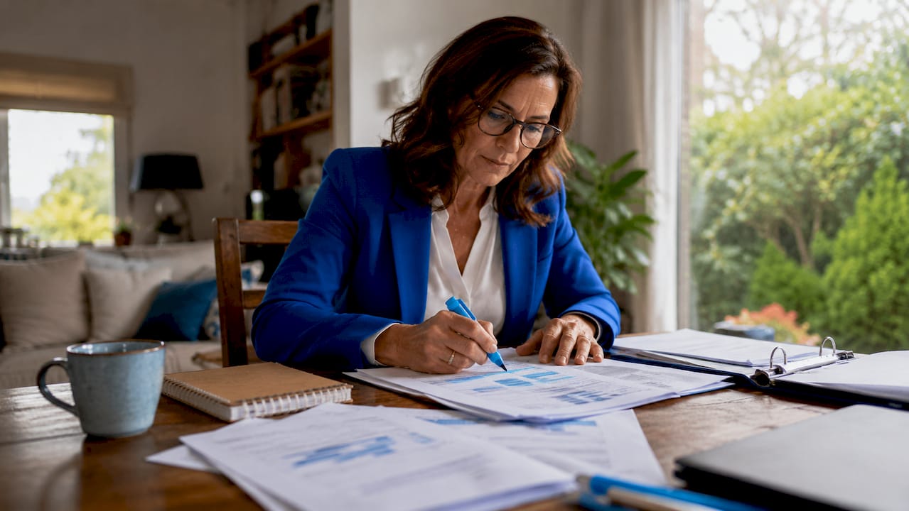 Eine Frau sitzt am Schreibtisch und wertet Marketingdaten aus.