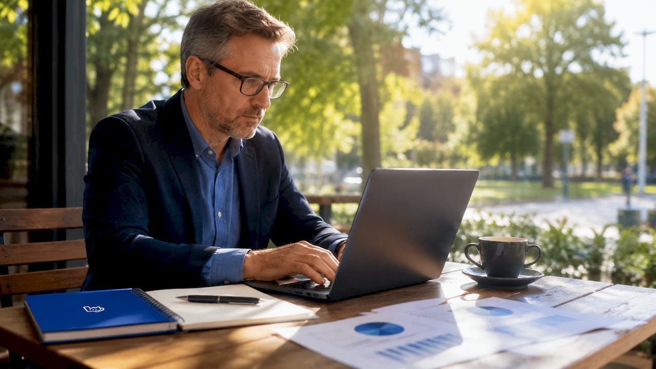 Ein Marketingmanager sitzt im Büro und arbeitet konzentriert am Laptop.
