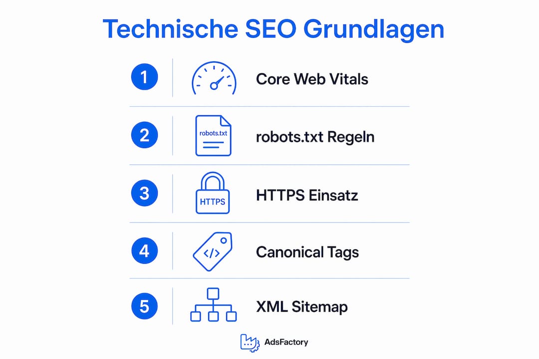 Die Infografik veranschaulicht die wichtigsten Maßnahmen für eine erfolgreiche technische SEO.