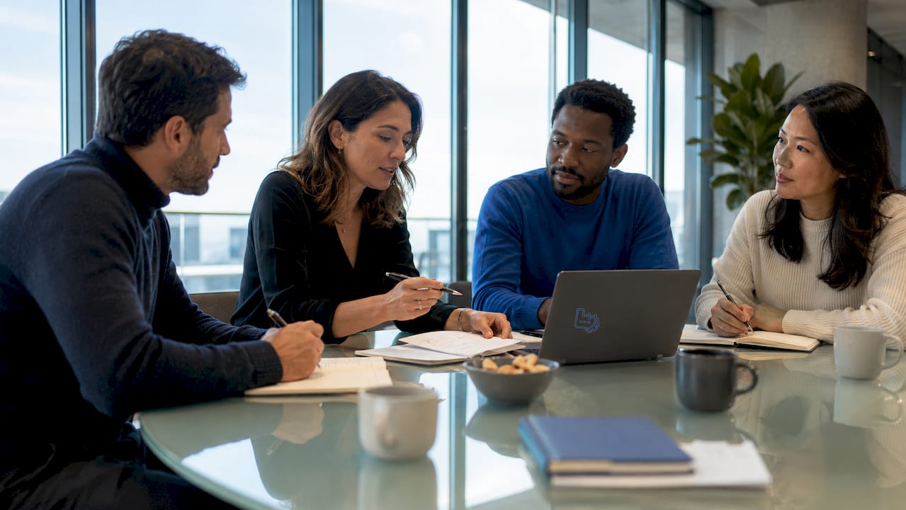 Das Marketing-Team tauscht sich im Büro über die nächste Kampagne aus.