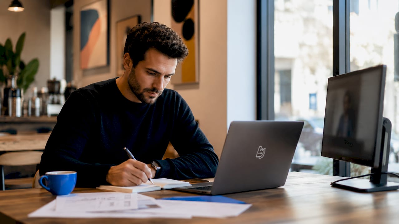 Ein Mann sitzt im Büro und arbeitet konzentriert an seinem Laptop.