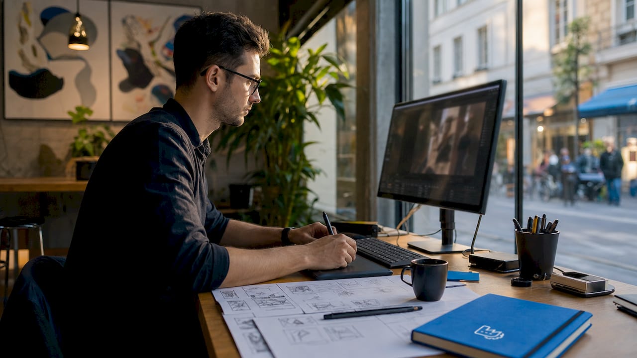 Kreatives Arbeiten im lichtdurchfluteten Studio, direkt am Schreibtisch – hier entstehen frische Ideen für neue Werbekampagnen.