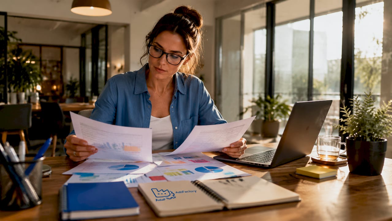 Eine Frau sitzt am Schreibtisch und entwickelt Strategien für das Marketing ihres Online-Shops.