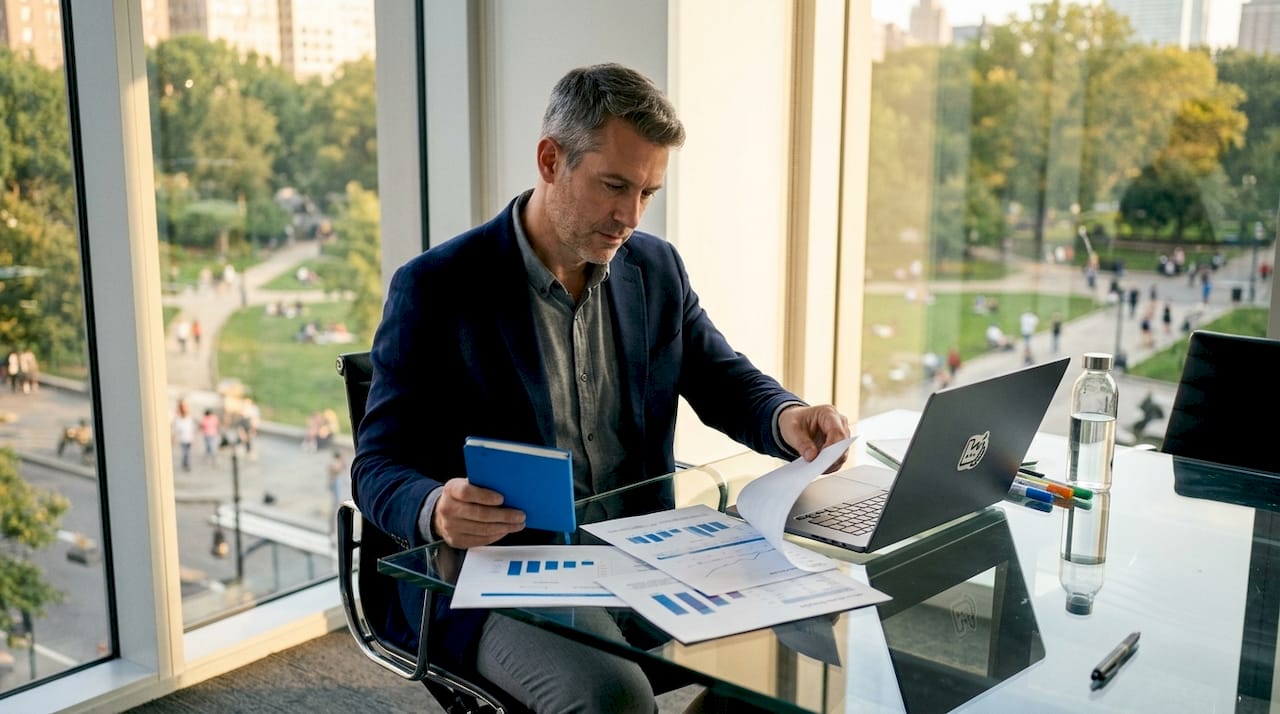Ein Analyst sitzt am Schreibtisch und wertet Daten am Laptop aus.