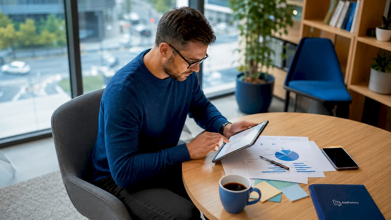 Marketing-Experte mit Blick fürs Detail am Schreibtisch