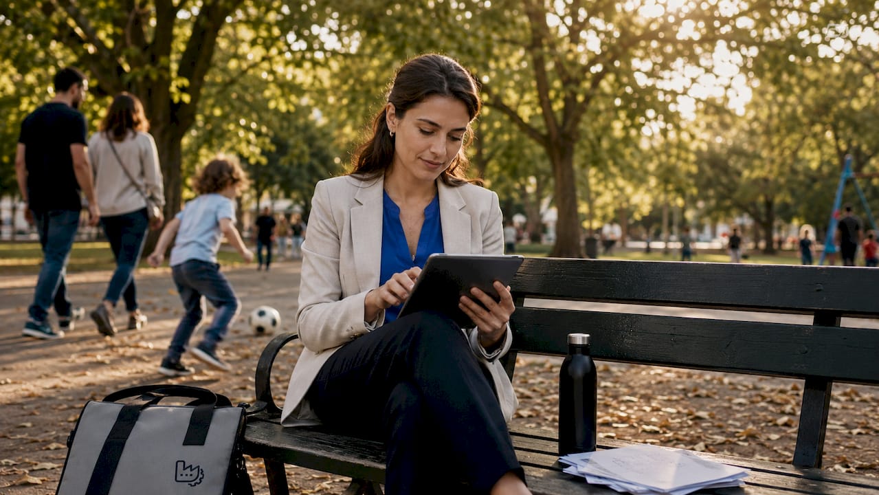 Eine Frau prüft im Freien die Ergebnisse einer digitalen Marketingkampagne für Hardware und analysiert dabei verschiedene Daten und Trends.