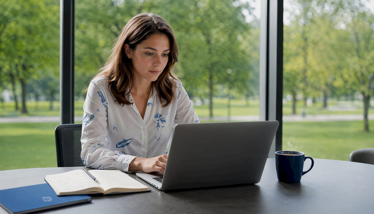 Konzentriert sitzt die Marketingmanagerin am Laptop und arbeitet an ihren Projekten.