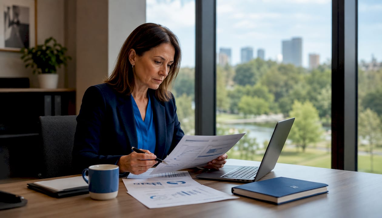 Im Büro analysiert eine Expertin die aktuellen Wettbewerbsdaten.