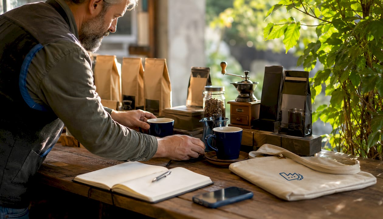 Ein Barista richtet eine ansprechende Präsentation von verschiedenen Kaffeesets her und sorgt dafür, dass die Produkte optimal zur Geltung kommen.