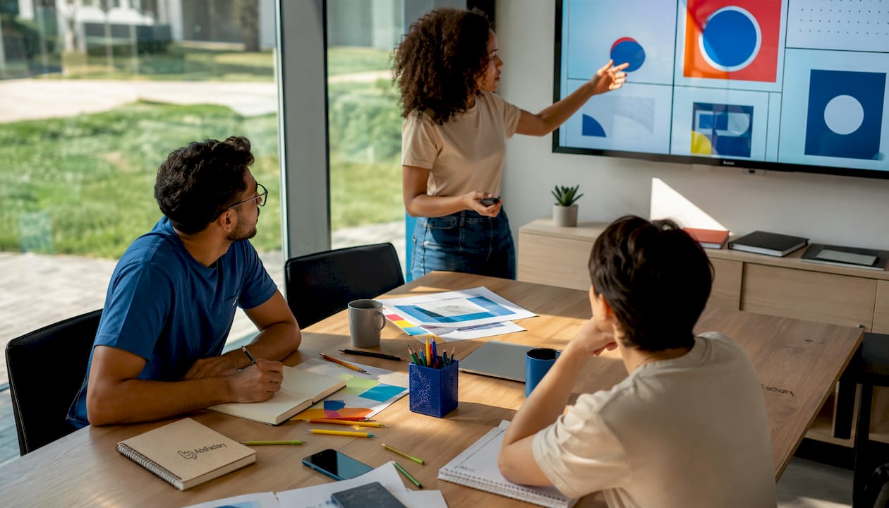 Im Büro tauscht sich das Team über originelle Ideen für Werbeanzeigen aus.