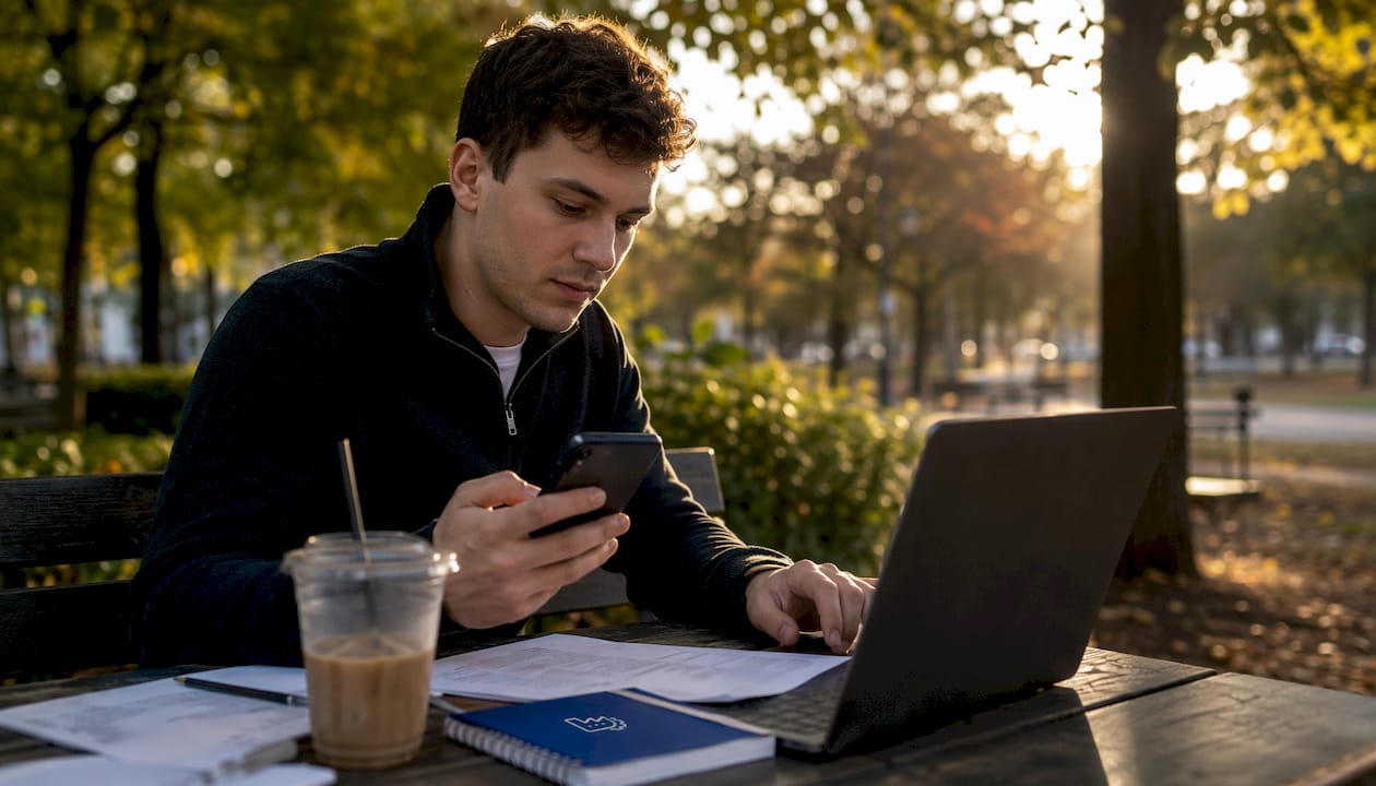 Ein Mann sitzt im Café und schneidet dort Werbevideos für Social Media.