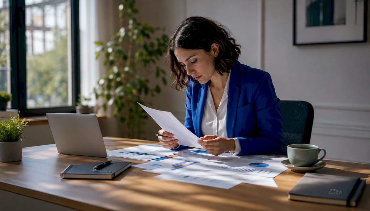 Eine Marketing-Managerin wertet am Schreibtisch die Ergebnisse ihrer aktuellen Kampagnen aus.