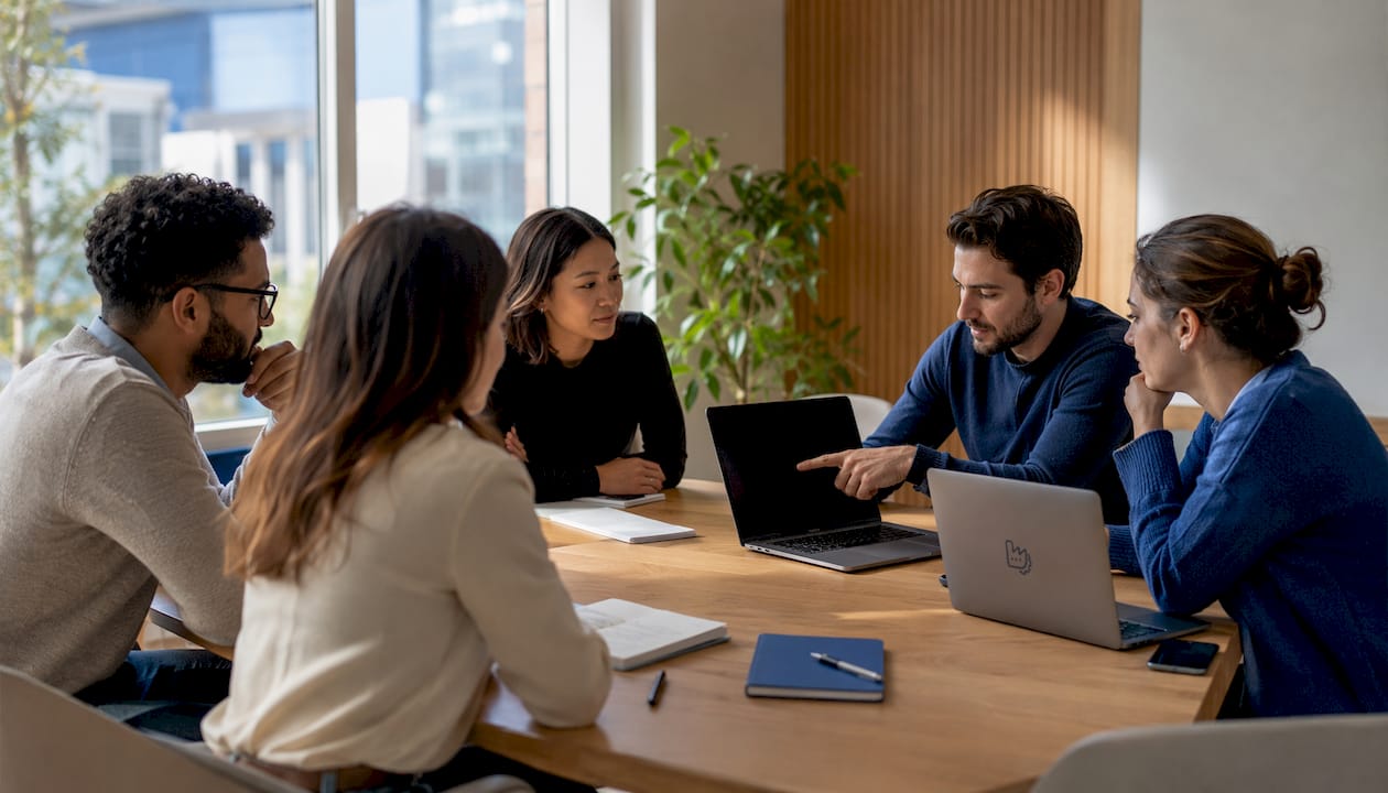 Ein Team tauscht sich über innovative Marketingstrategien auf Basis von Künstlicher Intelligenz aus.