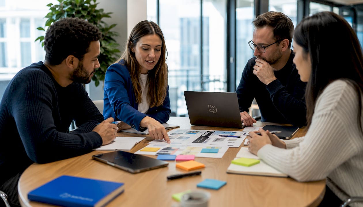 Im Meeting tauscht sich das Team über verschiedene Strategien für Werbeformate aus.