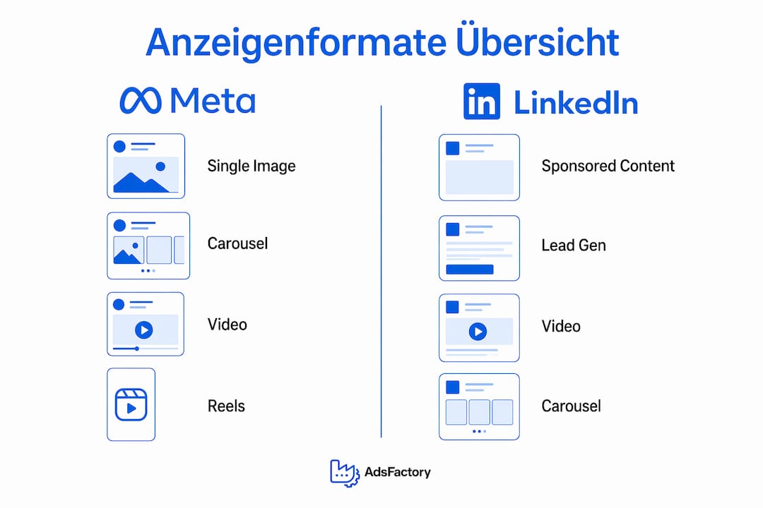 Die Infografik bietet einen übersichtlichen Vergleich der Werbeformate auf Meta und LinkedIn.