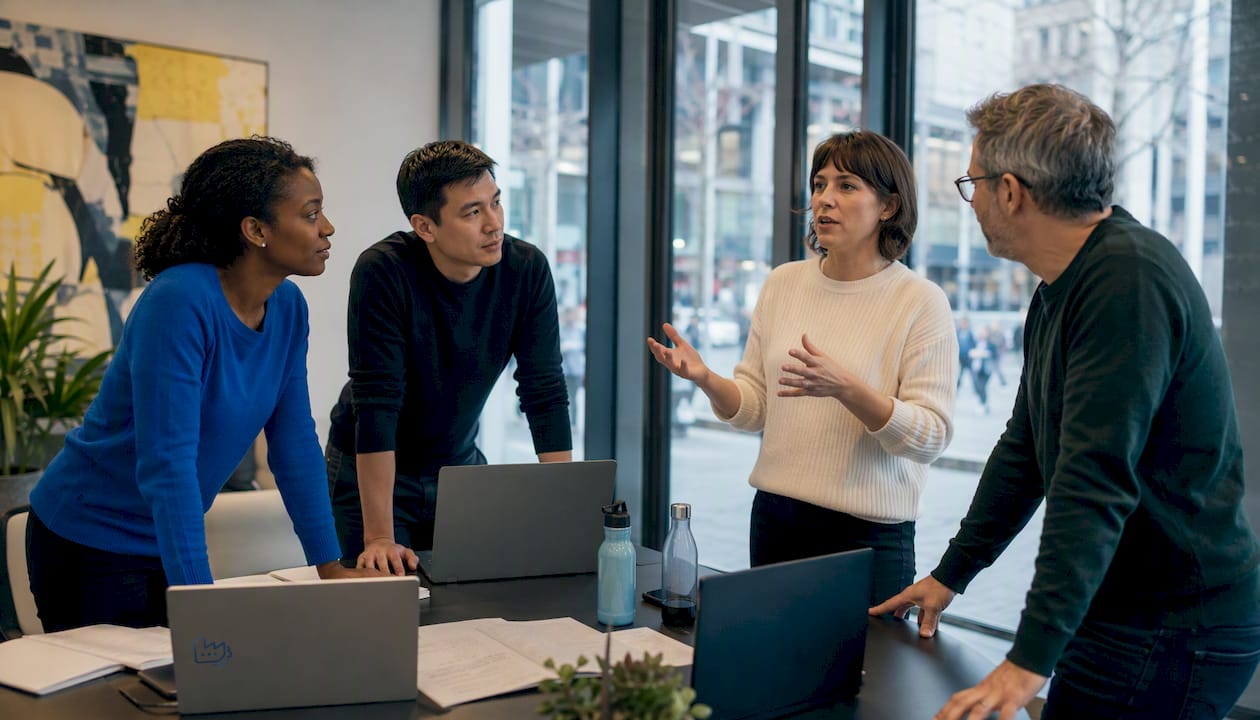 Ein Team arbeitet gemeinsam an einer Strategie für die digitale Unternehmenskultur.