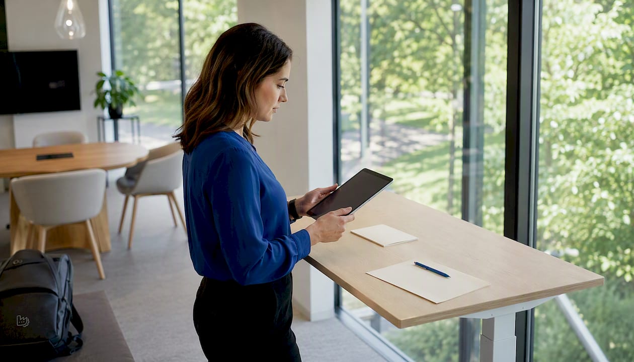 Eine Mitarbeiterin bildet sich im Büro mit einem Tablet weiter.