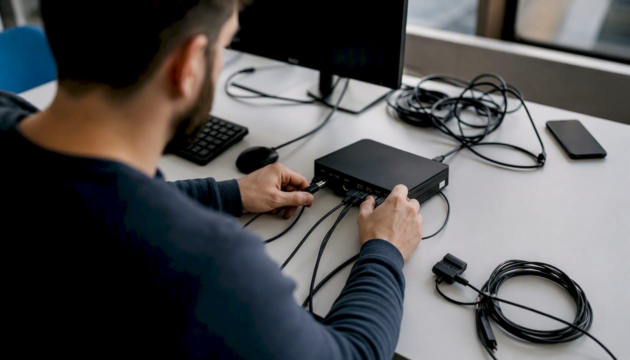 Ein Techniker richtet die Verkabelung für ein Ortungsgerät ein.