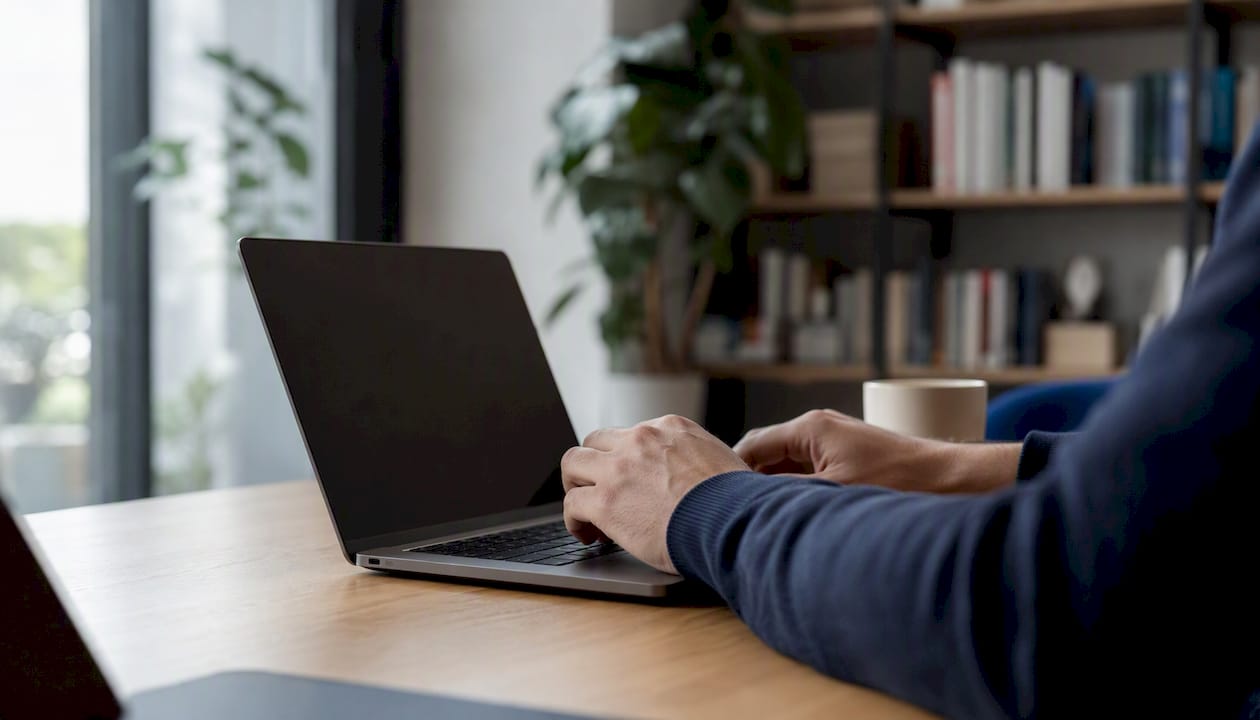 Jemand tippt auf dem Laptop und probiert einen Codeausschnitt aus.