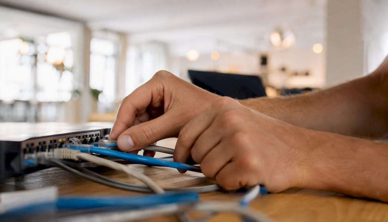 Hände, die Netzwerkkabel an einem Gerät ordnen