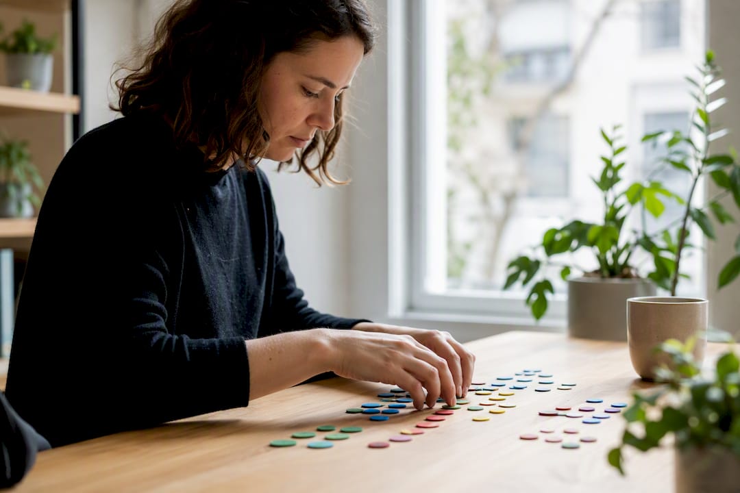 Mit den Händen werden verschiedenfarbige Datenchips sortiert.