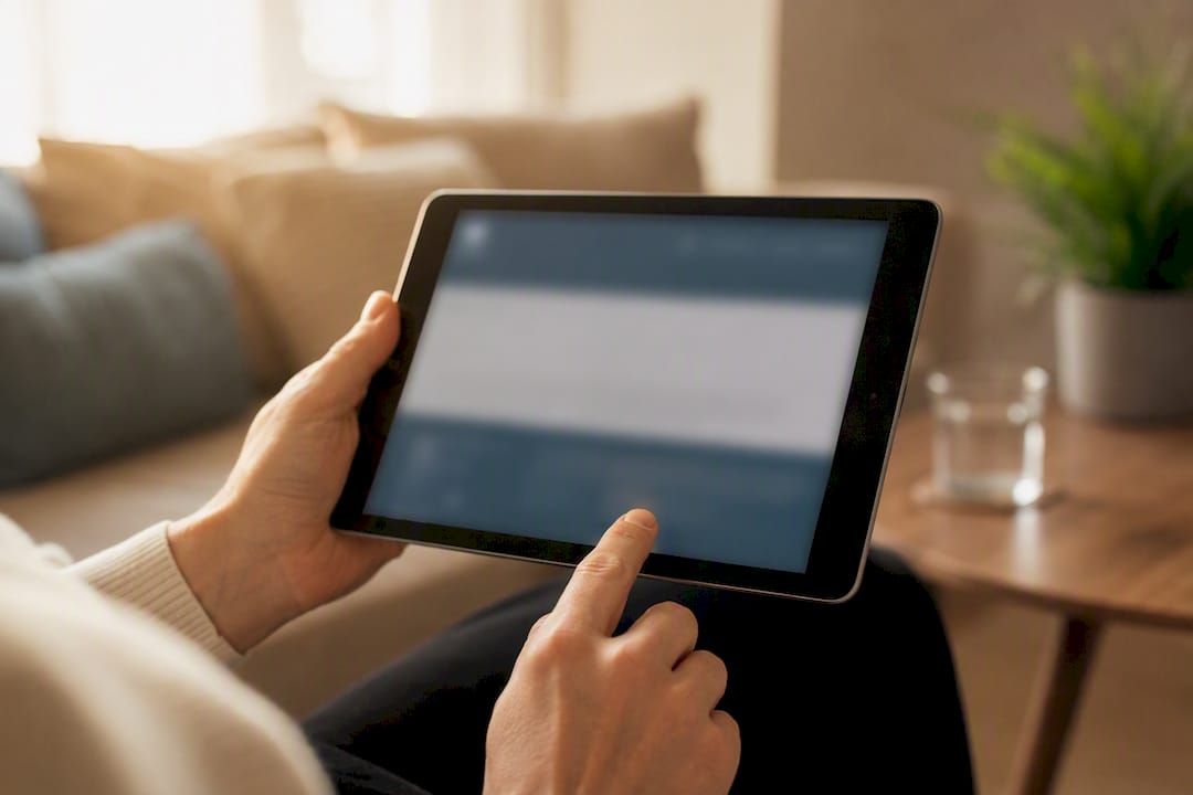 Eine Person prüft den Impressums-Link auf einem Tablet.