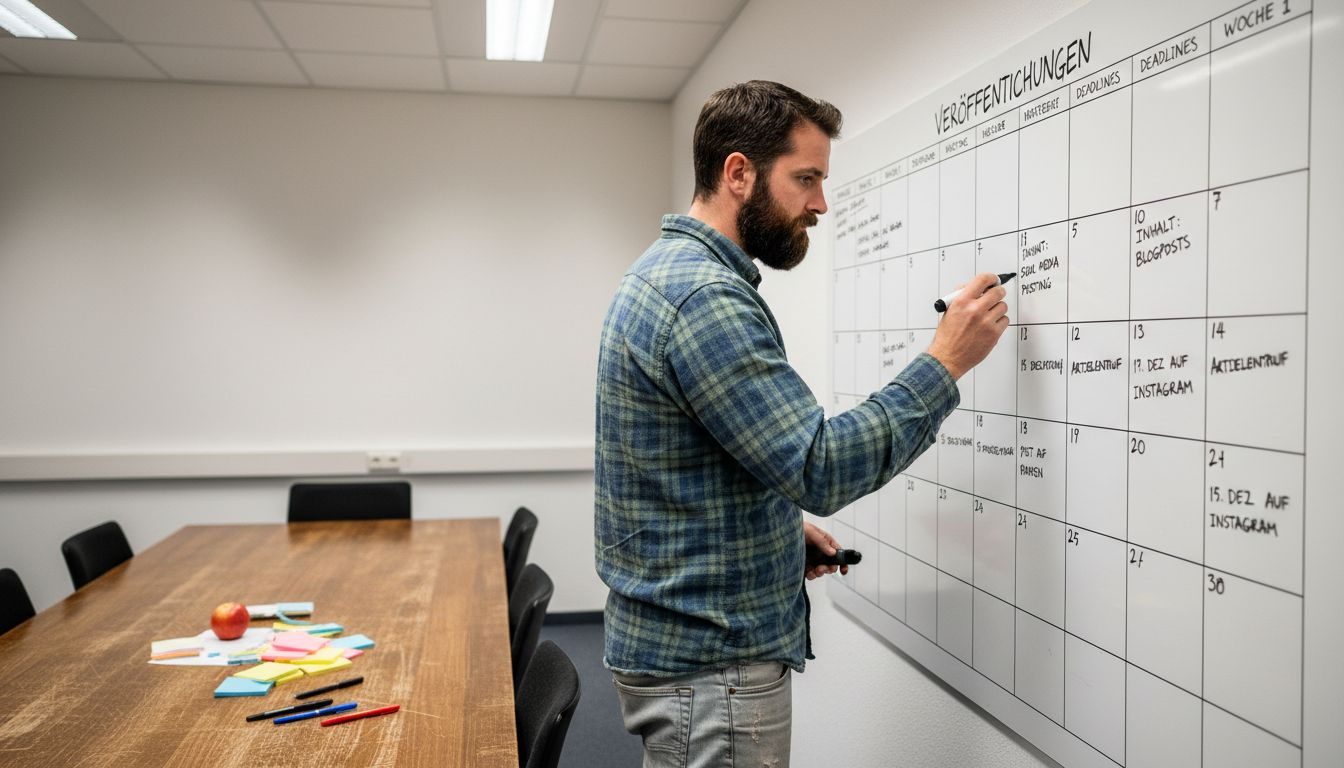 Ein Mann plant und strukturiert seine Inhalte auf einem Wandkalender mit Whiteboard-Funktion.