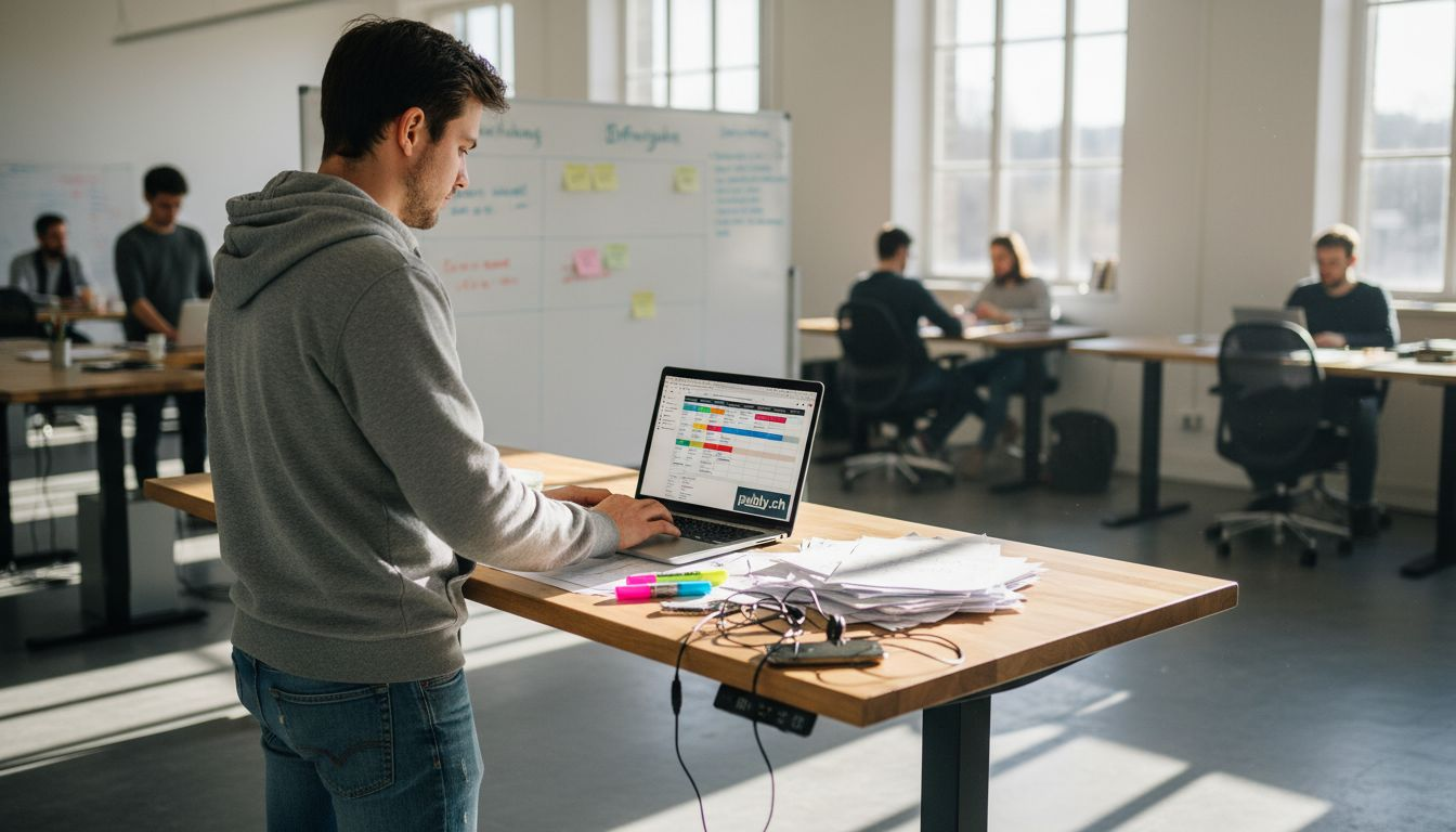 Ein Mitarbeiter überprüft an seinem Schreibtisch den Ablauf der Social-Media-Aktivitäten.