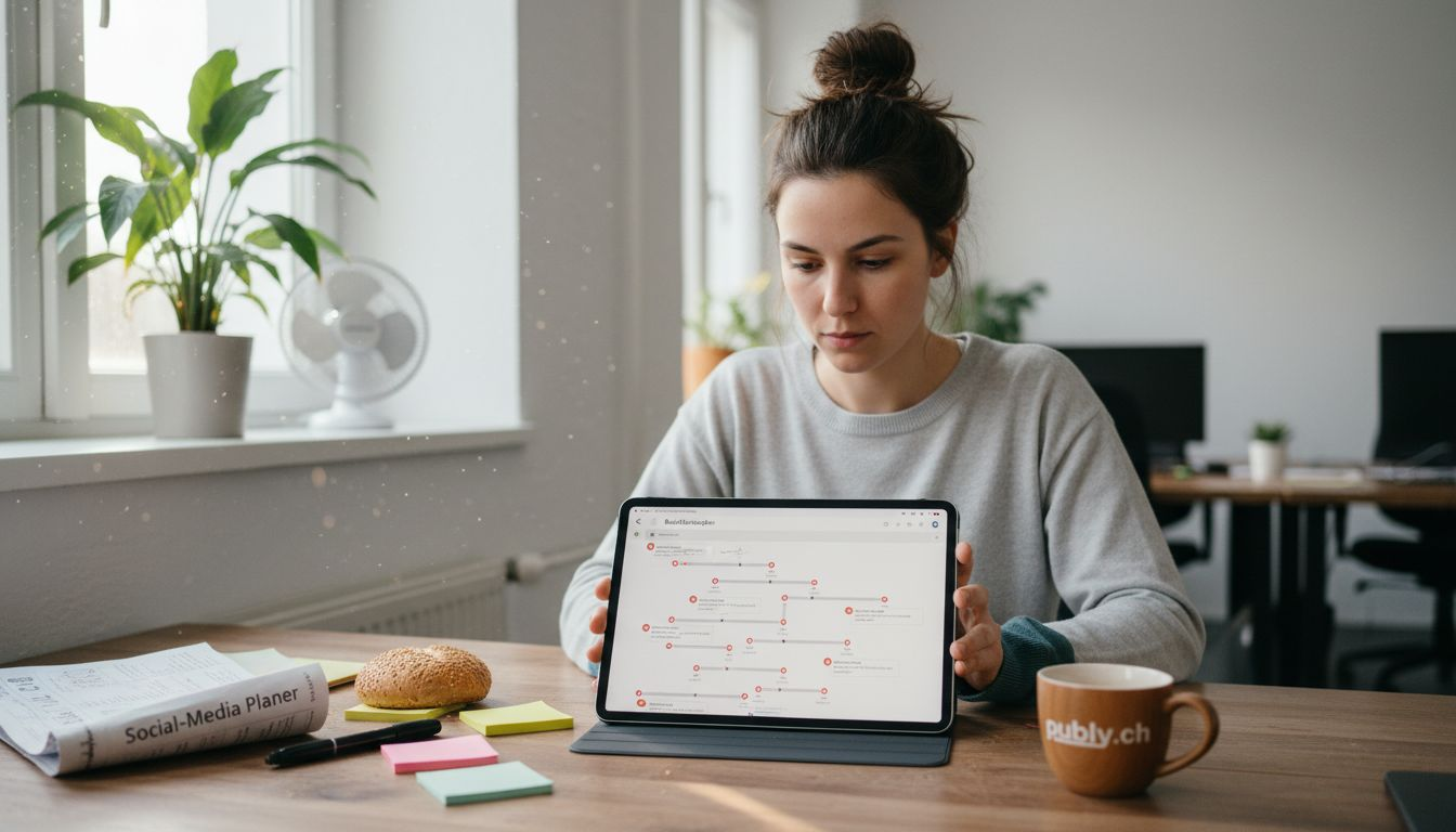 Eine junge Frau verfasst am Arbeitsplatz einen Beitrag für ihre Social-Media-Kanäle.