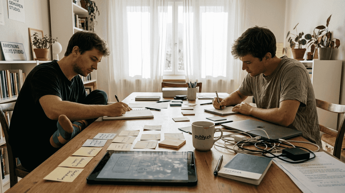 Das Team sitzt gemeinsam am Tisch und sammelt kreative Ideen für neue Inhalte.