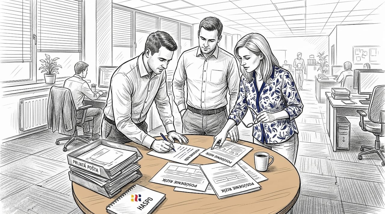 Tím v kancelárii preberá dokumenty týkajúce sa hodnotenia rizík.