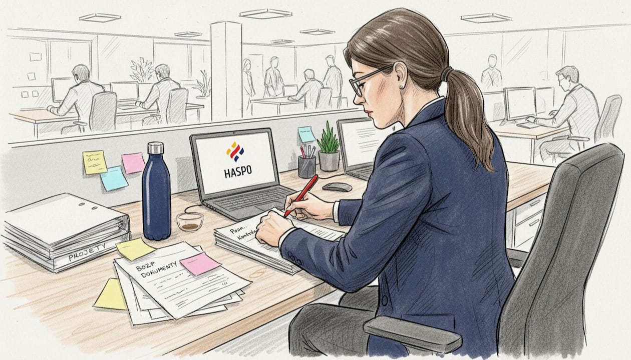 Pri svojom pracovnom stole si žena dôkladne prechádza dokumenty týkajúce sa bezpečnosti a ochrany zdravia pri práci.