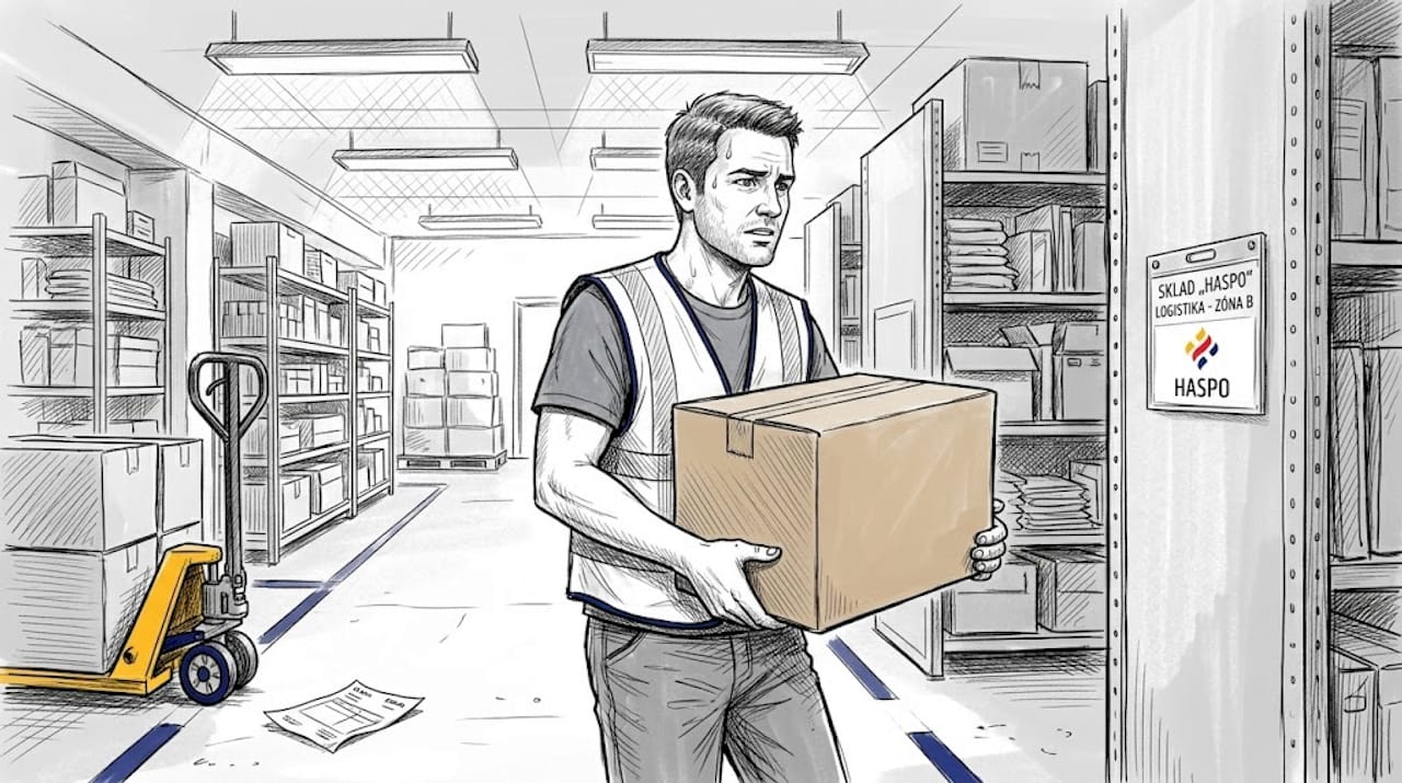 Skladník sa pri prenášaní ťažkej škatule poriadne zapotil.