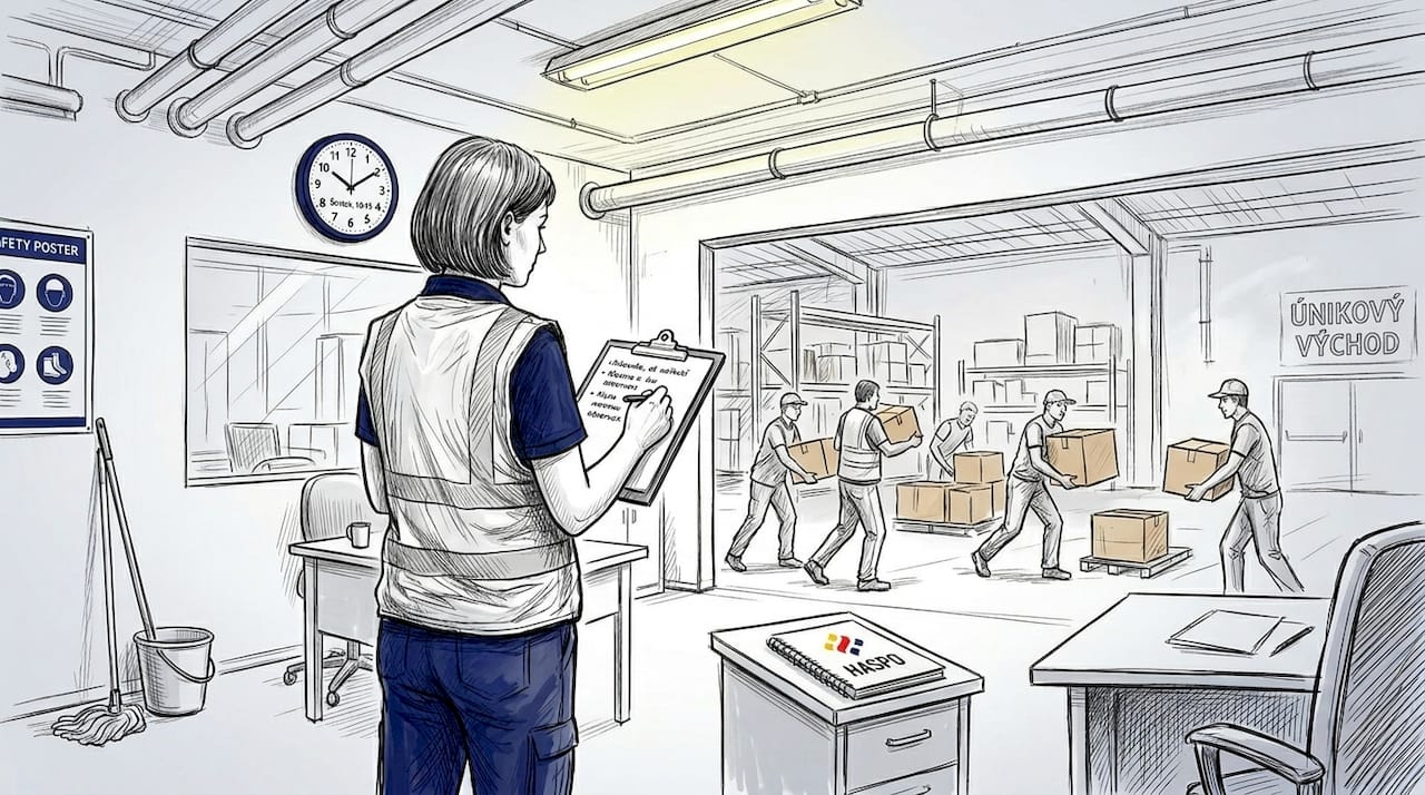 Špecialista na bezpečnosť dohliada na prostredie v sklade.