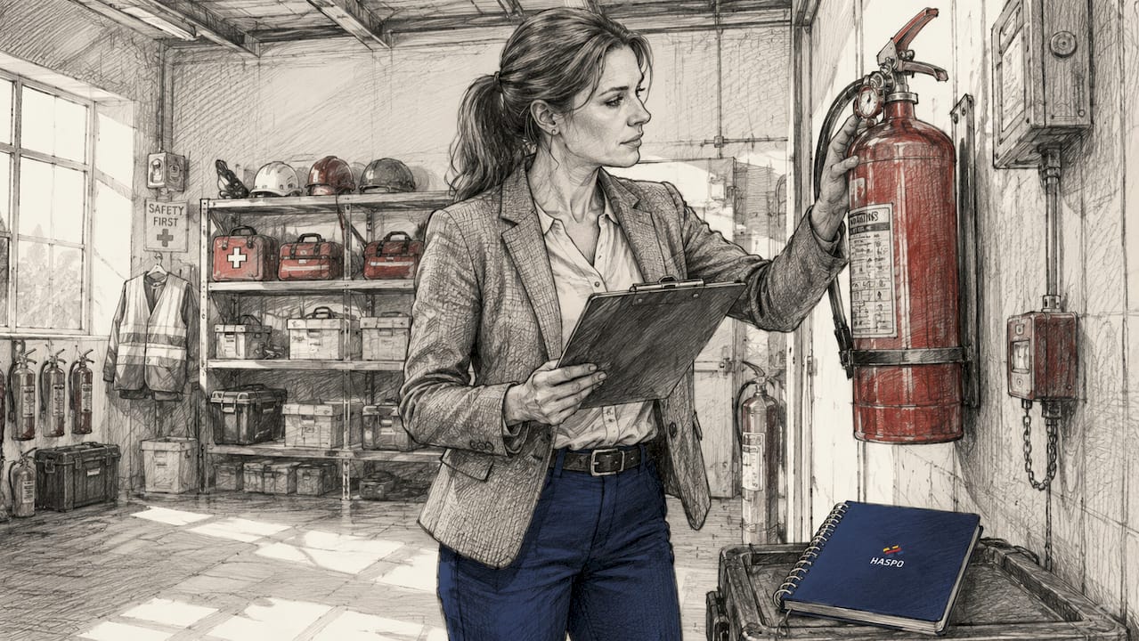 V kancelárskej chodbe si žena každý mesiac kontroluje hasiaci prístroj, či je všetko v poriadku.