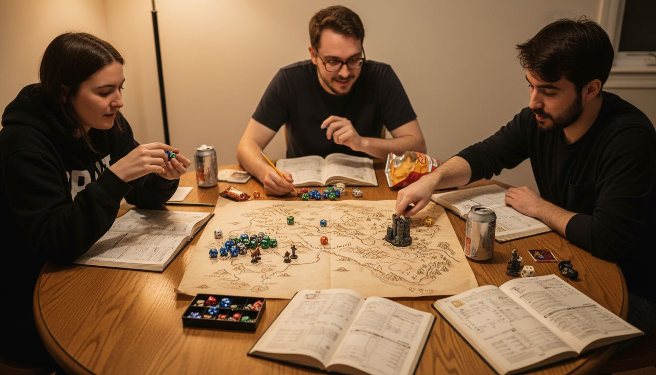 Players use dice, map, and props