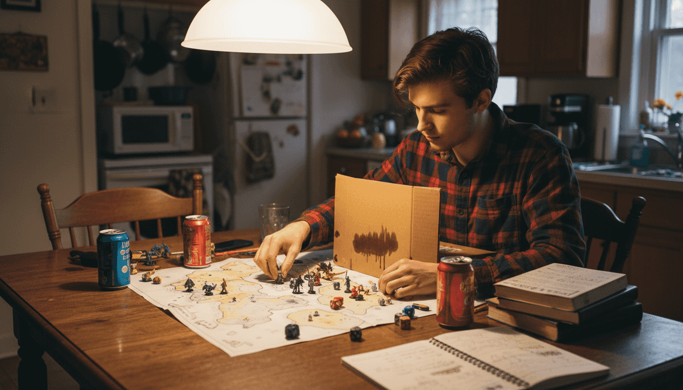 Dungeon Master arranging miniatures and table setup