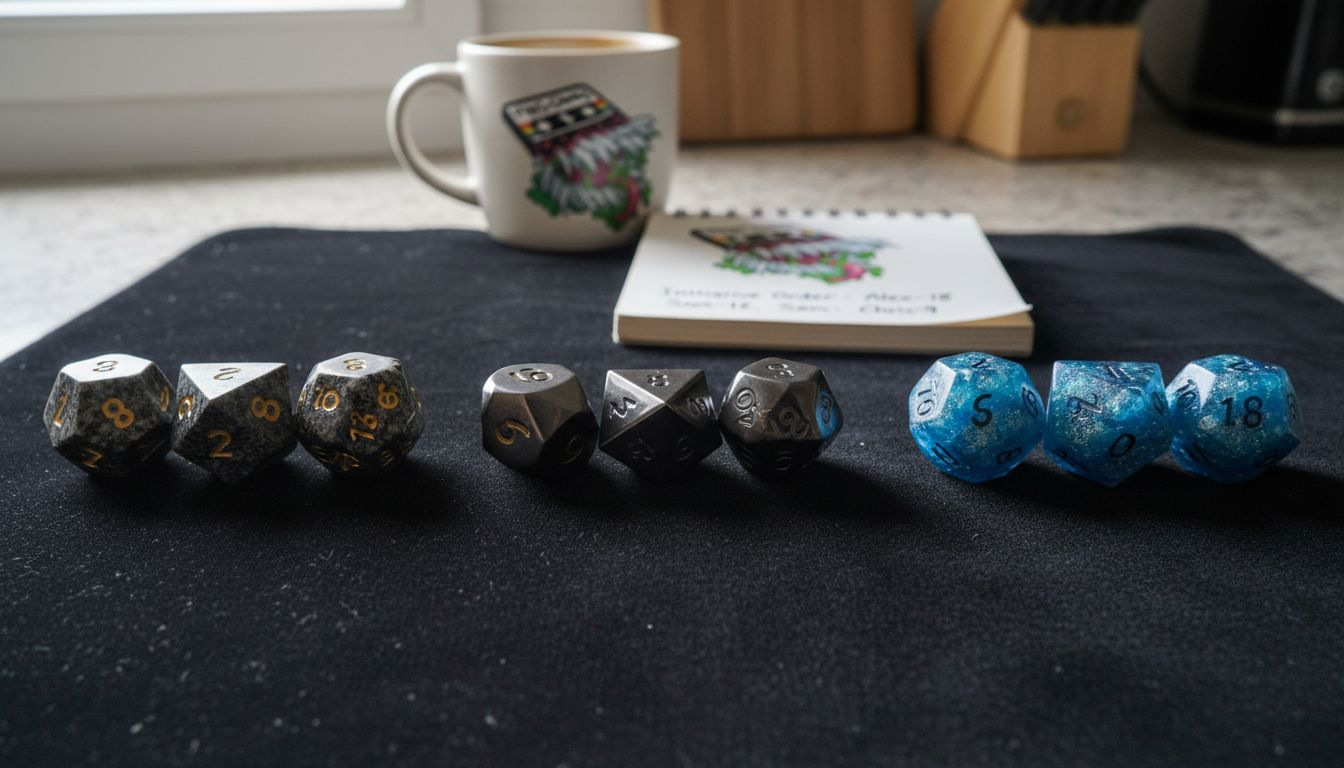 Close-up of stone, metal, and resin dice