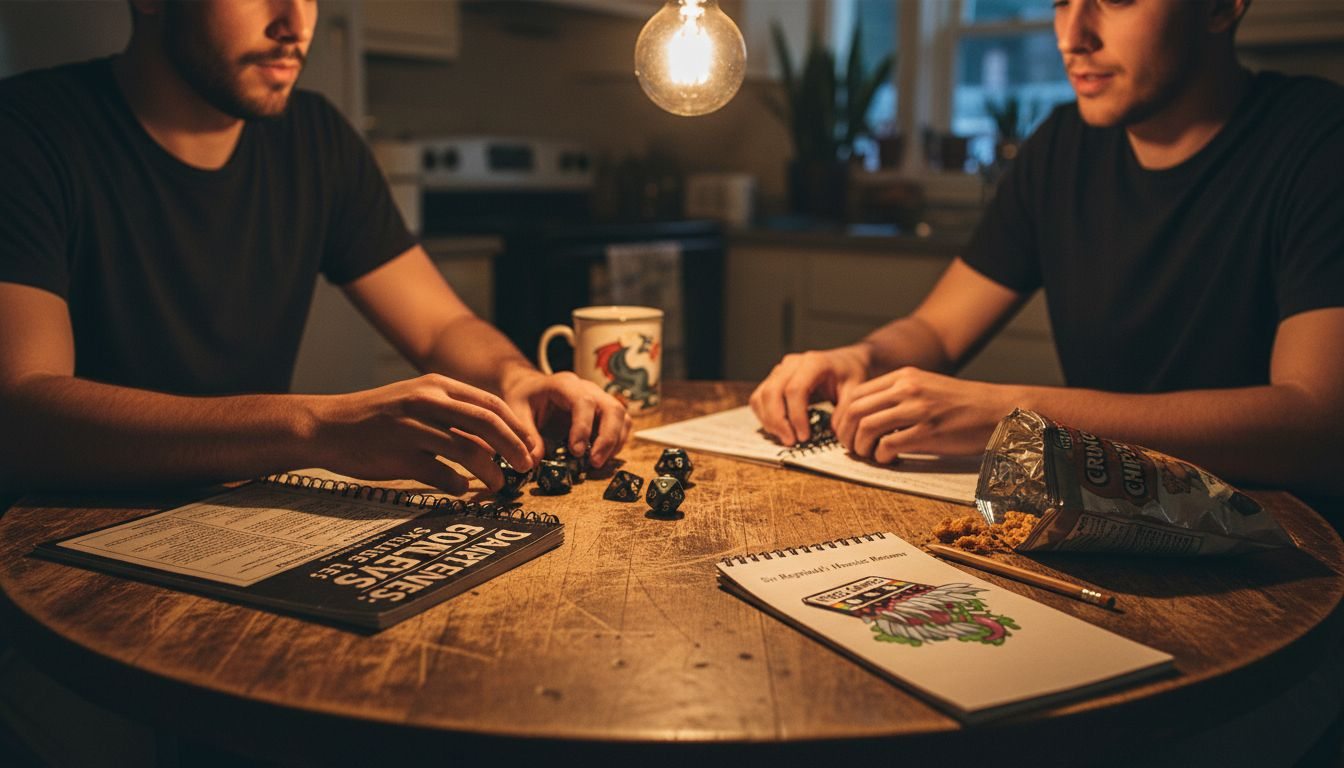 Friends playing old-school RPG at home table
