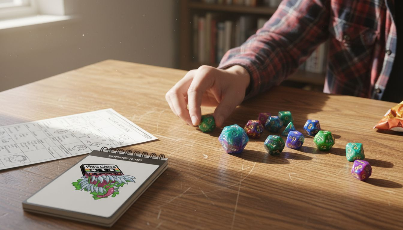 Closeup of DD dice and player’s hand