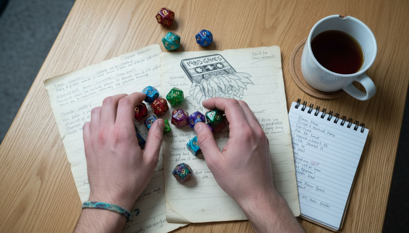 Hands rolling dice on table with character sheets