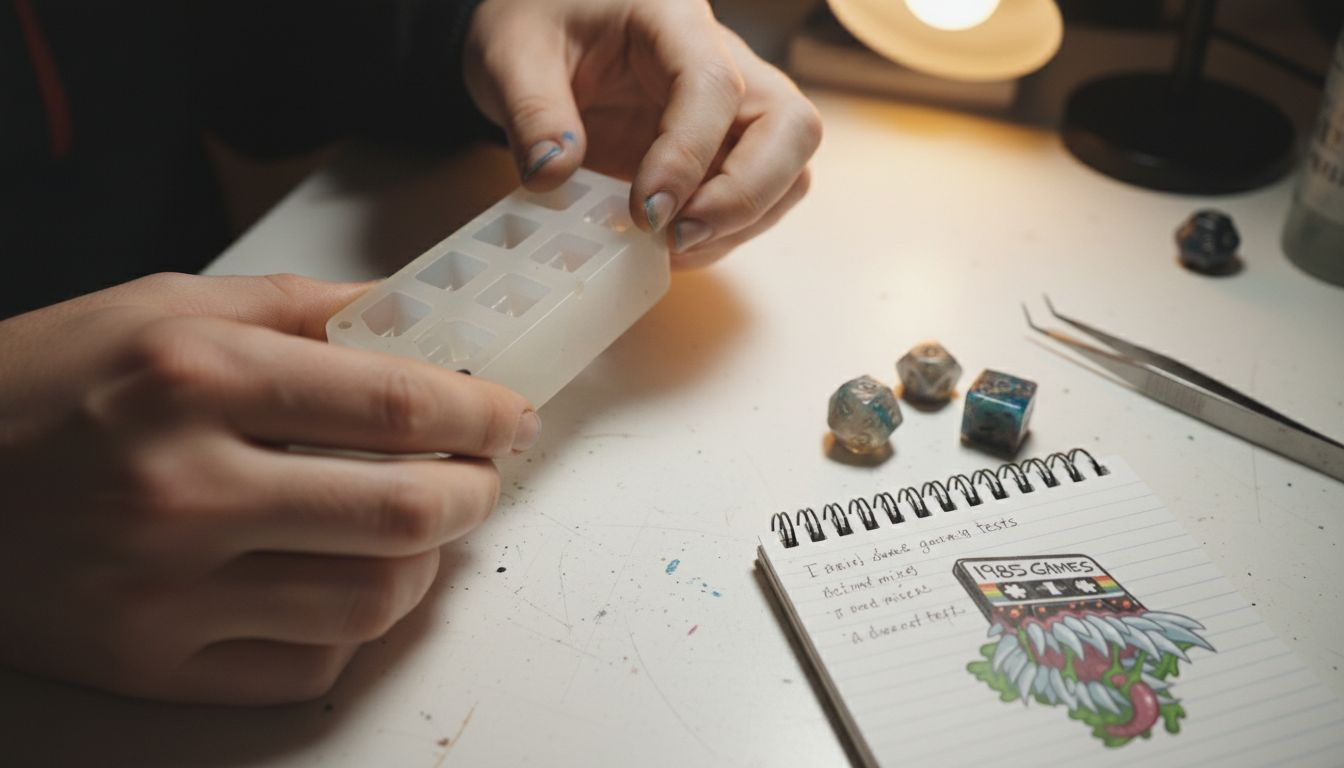 Hands inspecting silicone dice mold up close